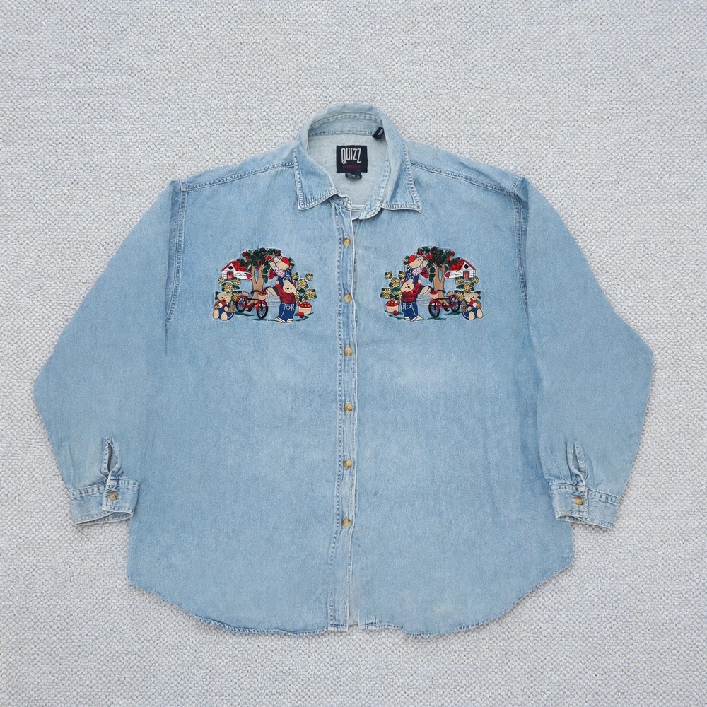 Quizz Woman Embroidered Denim Shirt Cottage Core Light Wash Women's Plus 24